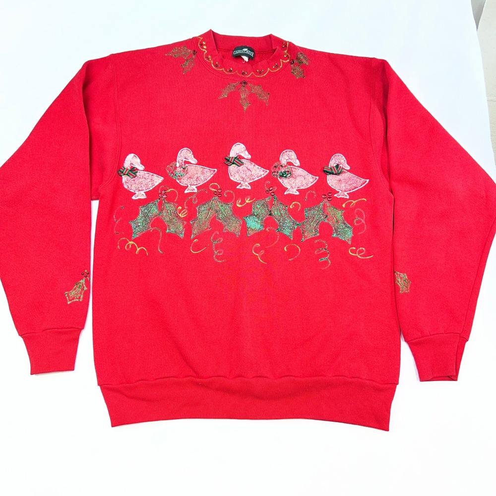 Vintage Cabin Creek Red Christmas Sweatshirt Glitter Ducks Holly Leaves Large